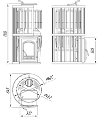 Чертеж Чугунная банная печь с закрытой каменкой KALEDO EVOLUTION EC208-80 Ск3 с баком для русской бани