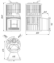 Чертеж Чугунная банная печь с закрытой каменкой KALEDO RETRO RV2537-80 Ск2 с баком