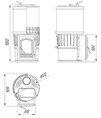 Чертеж Чугунная банная печь с закрытой каменкой KALEDO ANTIC AC185-80 с баком для русской бани 